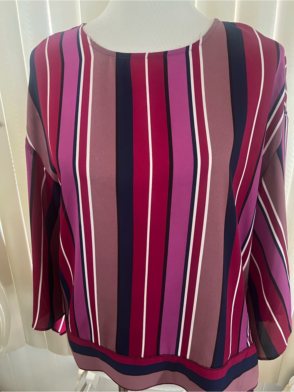 Worthington Vertical Stripe Long Sleeve Blouse - Pink, Purple, Navy